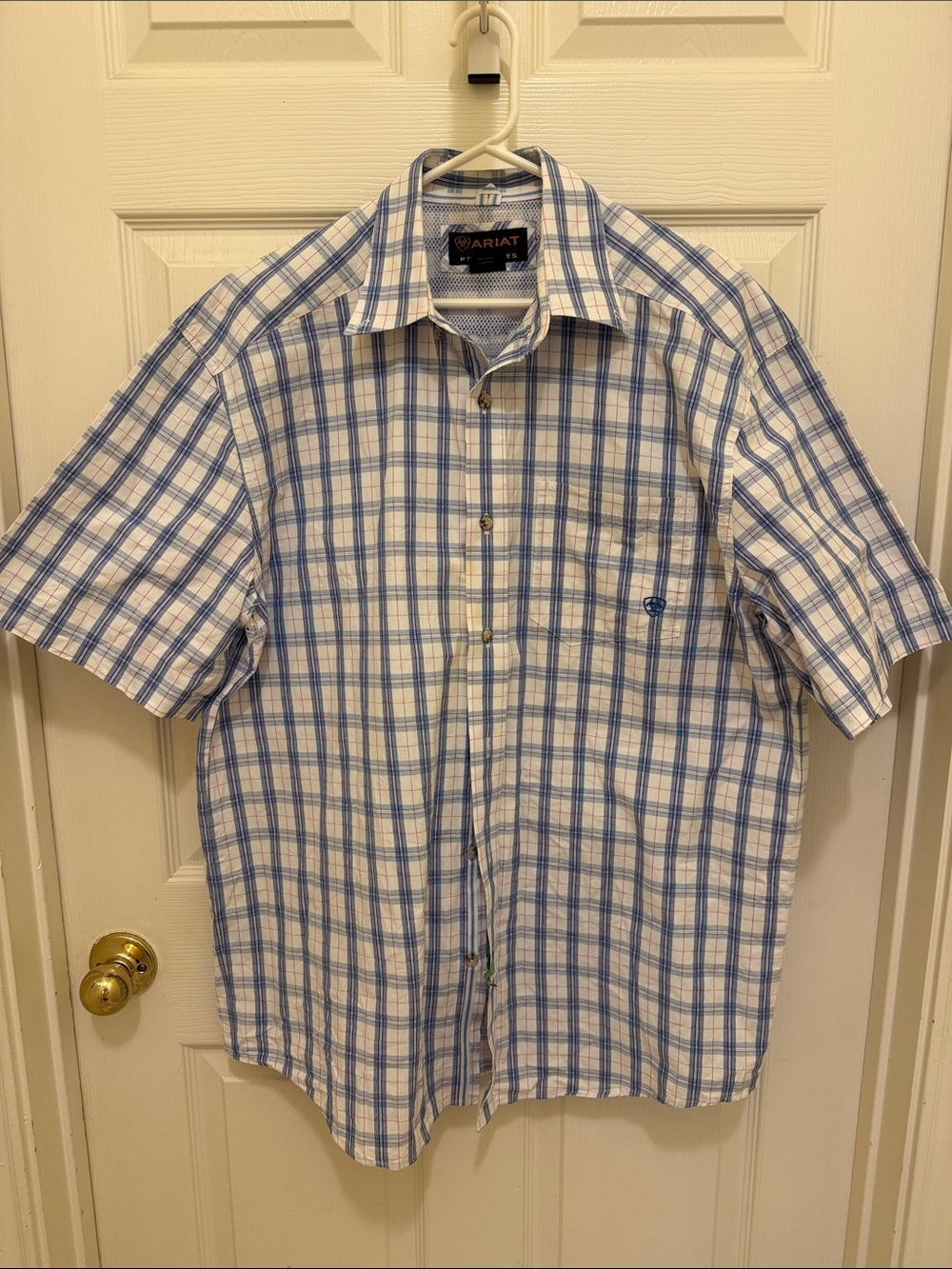 Ariat Short Sleeve White and Blue Plaid Button-Down Shirt